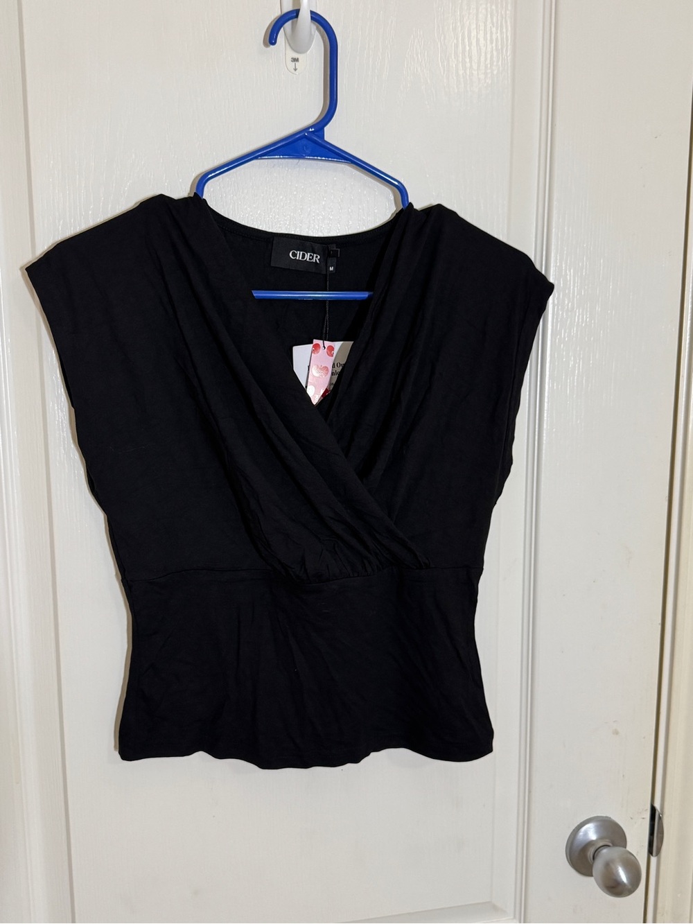 Cider Black Deep V Neck Faux Wrap Top Fitted Blouse Minimalist Basic NWT M
